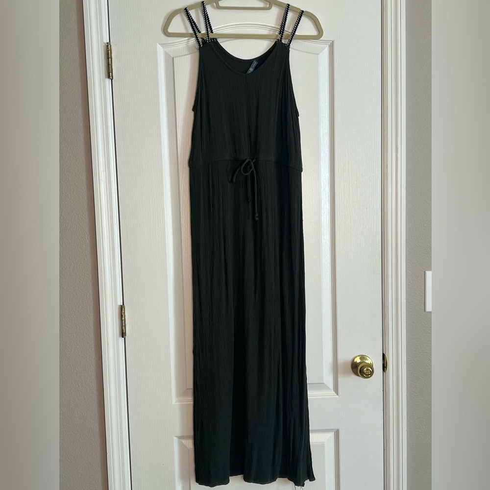 Olive Green Drawstring Maxi Dress with Black and White Straps